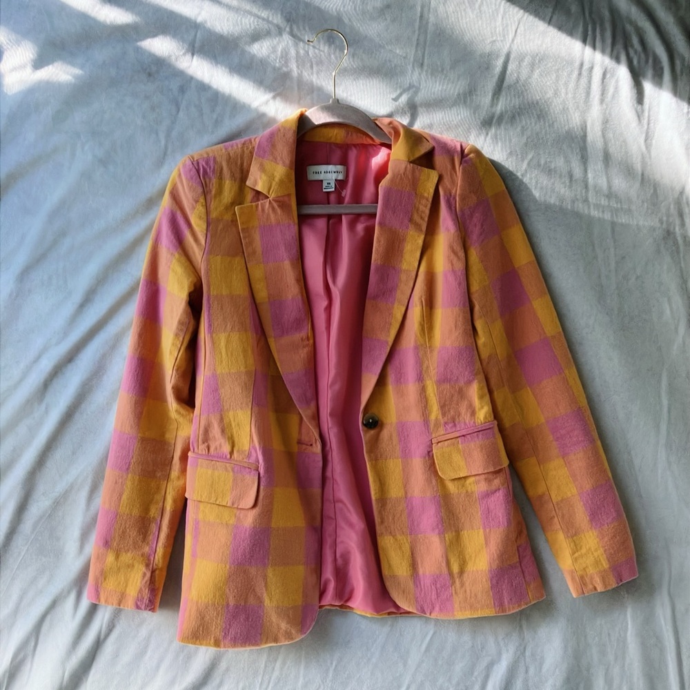 Free Assembly Pink and Yellow Checkered Blazer